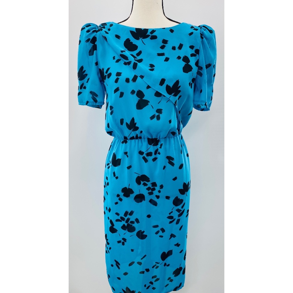 Calhoun Vintage Blue/Black Scoop Neck 80's Short Sleeve Dress‎